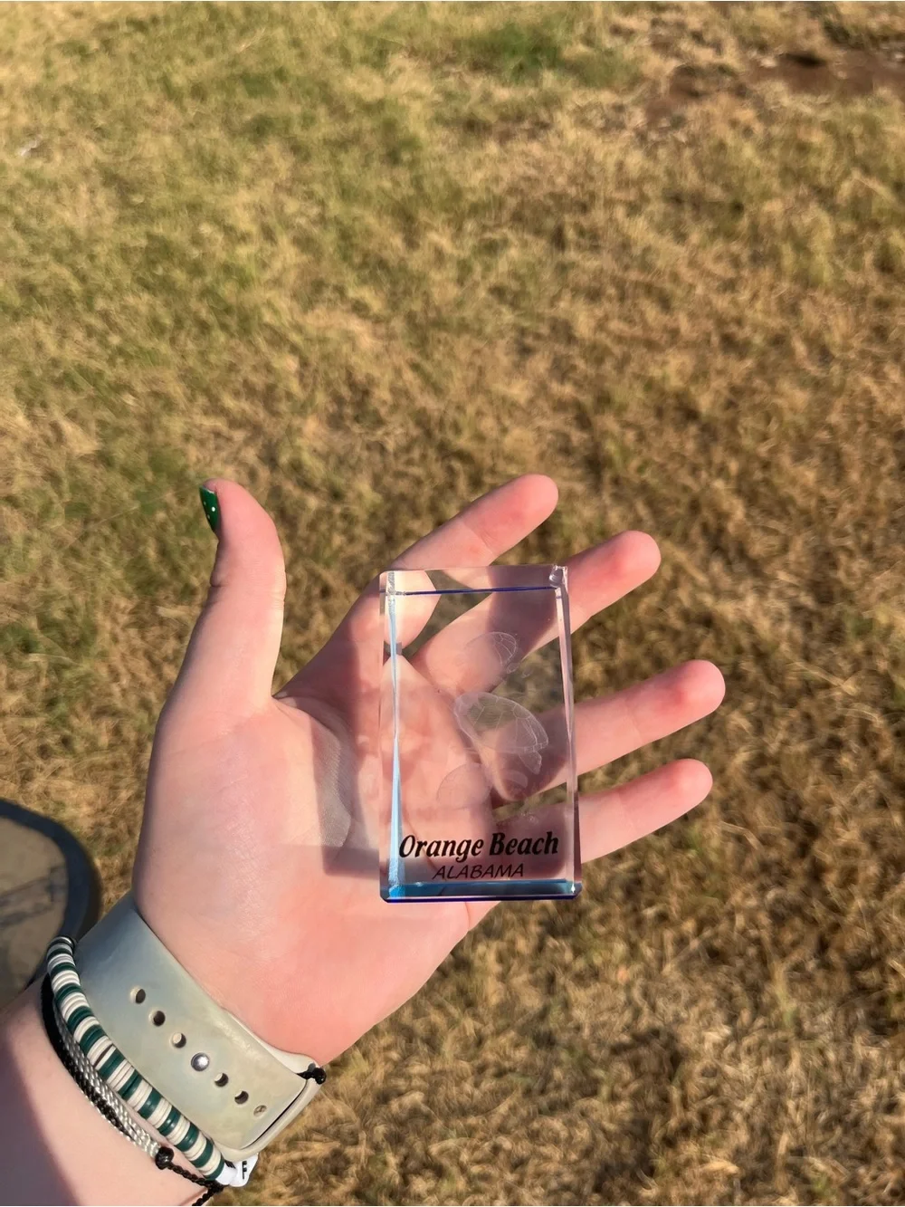 Collectible Clear Orange Beach Souvenir Acrylic Paperweight - Blue Accent